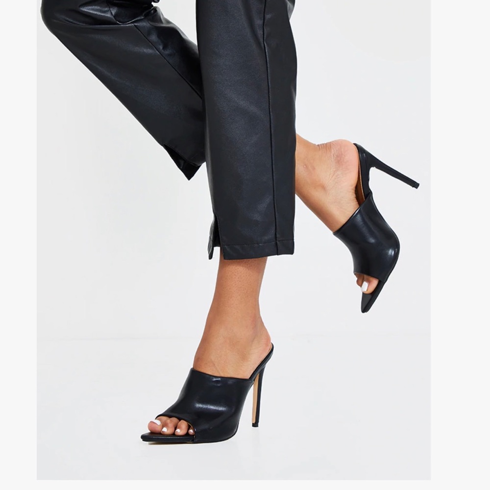Black Pu Pointed High Heeled Mules